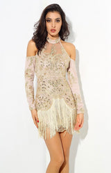 Modern Renaissance Gold Cold Shoulder Long Sleeve Fringe Mini Dress - Fashion Genie Boutique