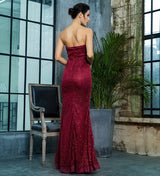 Steal The Show Burgundy Strapless Glitter High Split Maxi Dress - Fashion Genie Boutique