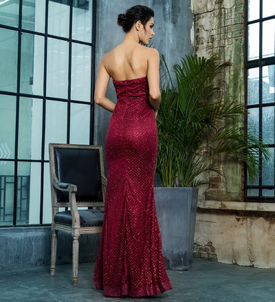 Steal The Show Burgundy Strapless Glitter High Split Maxi Dress - Fashion Genie Boutique