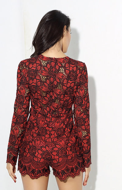 Bordeaux Lust Red Crochet Long Sleeve Playsuit - Fashion Genie Boutique