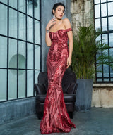 Sweetheart Red Bardot Sequin Maxi Fishtail Dress - Fashion Genie Boutique