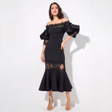Mamacita Black Bardot Lace Panel Midi Dress - Fashion Genie Boutique
