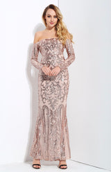 Invite To Shine Rose Gold Bardot Sequin Maxi Dress - Fashion Genie Boutique