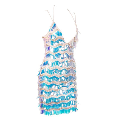 Lisbon Nights Silver Iridescent Sequin Fringe Mini Dress - Fashion Genie Boutique