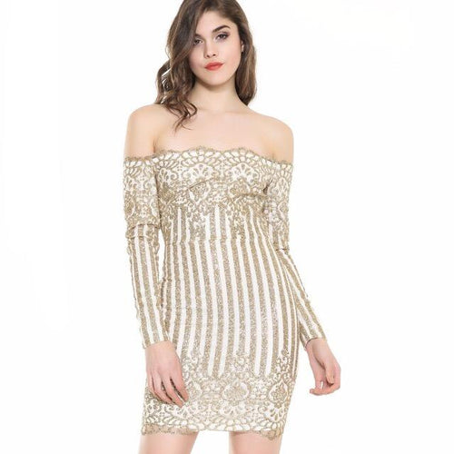 That Girl Gold Glitter Embellished  Bardot Mini Dress - Fashion Genie Boutique