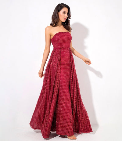 A Star Is Born Red Glitter Strapless Maxi Gown Dress - Fashion Genie Boutique
