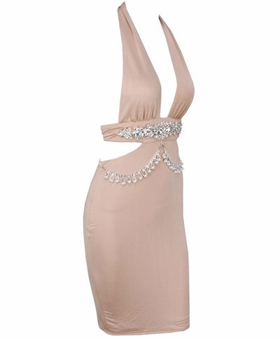 Envy Nude Crystal Embellished Bodycon Mini Dress - Fashion Genie Boutique