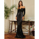 Oh So Fancy Black Bardot Sequin Long Sleeve Maxi Gown Dress - Fashion Genie Boutique
