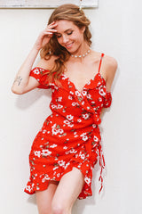 Bayside Red And White Floral Frill Mini Dress - Fashion Genie Boutique