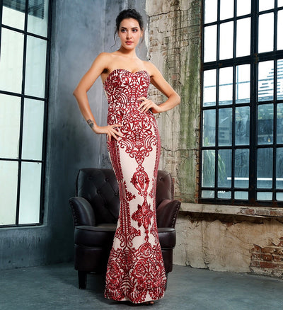 Godiva Red Strapless Sequin Maxi Fishtail Dress - Fashion Genie Boutique