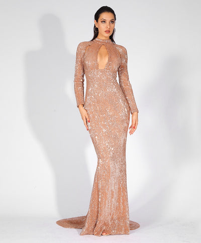 Cut It Out Gold Keyhole Sequin Long Sleeve Maxi Fishtail Dress - Fashion Genie Boutique