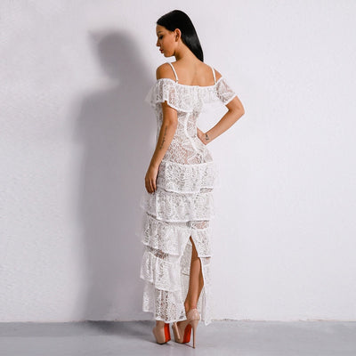 Lacey Days White Lace Ruffle Detail Maxi Dress - Fashion Genie Boutique