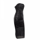 Glam Doll Silver Strapless Sequin Midi Dress - Fashion Genie Boutique