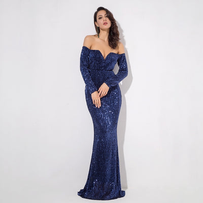 Dressed To Thrill Gold Sequin Bardot Maxi Dress - Fashion Genie Boutique