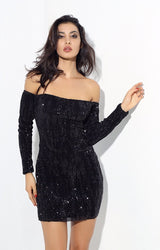 Champagne Sparkles Black Sequin Bardot Mini Dress - Fashion Genie Boutique