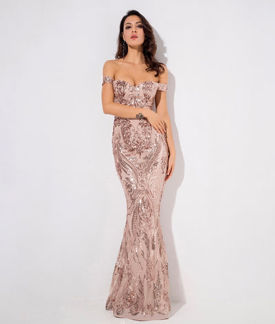 Sweetheart Rose Gold Bardot Sequin Maxi Fishtail Dress - Fashion Genie Boutique