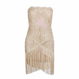 Sorrento Sunset Nude & Gold Embroidered Fringe Mini Dress - Fashion Genie Boutique