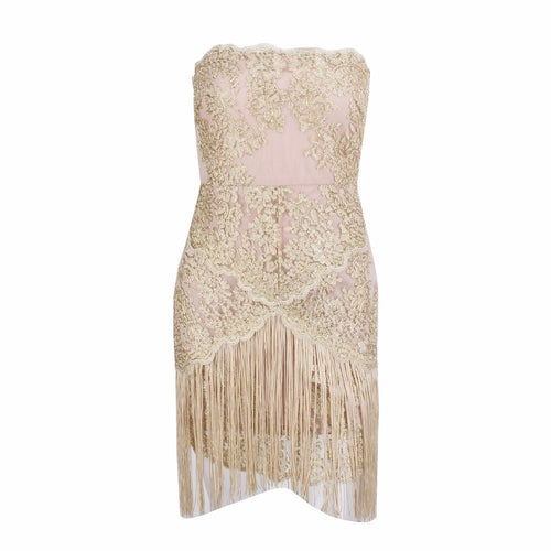 Sorrento Sunset Nude & Gold Embroidered Fringe Mini Dress - Fashion Genie Boutique