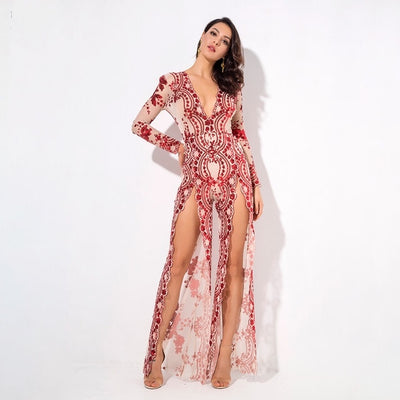 Lady Boss Red Sequin Long Sleeve Split Leg Jumpsuit - Fashion Genie Boutique