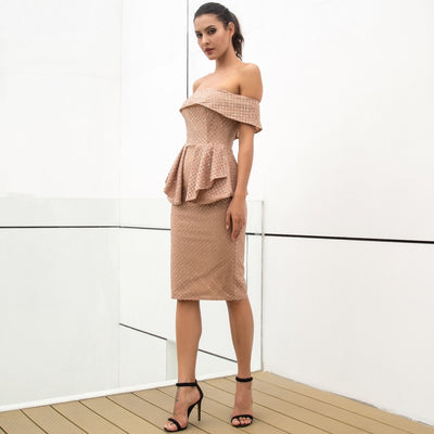 Ciao Babe Gold Bardot Glitter Embellished Peplum Midi Dress - Fashion Genie Boutique