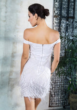 Supernova White Bardot Sequin Feather Mini Dress - Fashion Genie Boutique