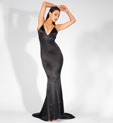 Glowing Goddess Black Satin Fishtail Maxi Dress - Fashion Genie Boutique