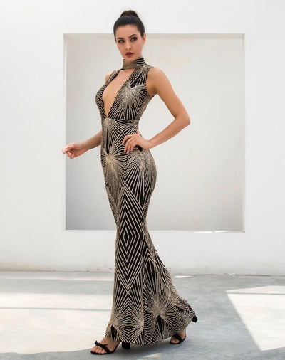 Disco Inferno Black & Gold Glitter Maxi Dress - Fashion Genie Boutique