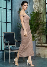 Monte Carlo Rose Gold Bardot Glitter Embellished Midi Dress - Fashion Genie Boutique
