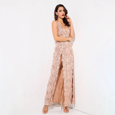 Crash The Party Rose Gold Sequin Double Split Maxi Dress - Fashion Genie Boutique