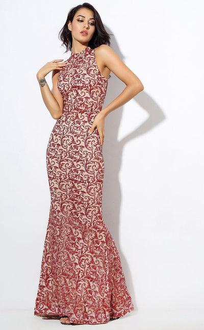 Modern Beauty Nude And Red Glitter Fishtail Maxi Dress - Fashion Genie Boutique
