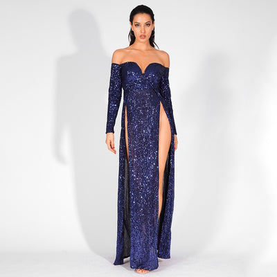 So Lavish Navy Sequin Bardot Double Split Maxi Dress - Fashion Genie Boutique