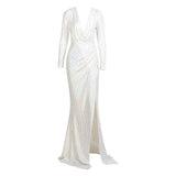 City Of Love White Plunge Sequin Long Sleeve Maxi - Fashion Genie Boutique