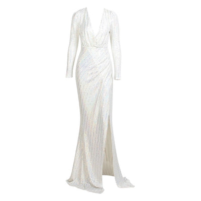 City Of Love White Plunge Sequin Long Sleeve Maxi - Fashion Genie Boutique