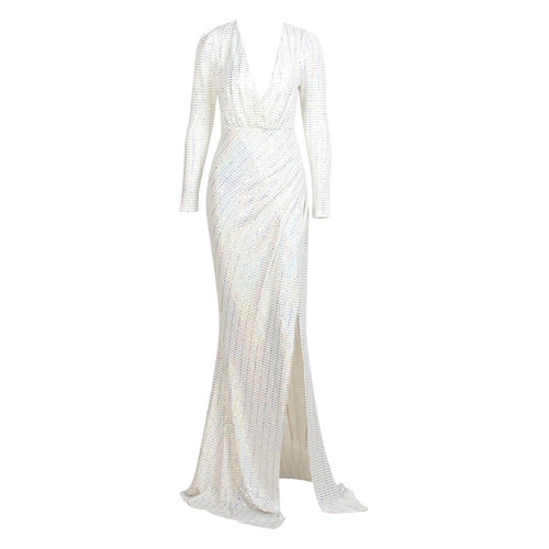 City Of Love White Plunge Sequin Long Sleeve Maxi - Fashion Genie Boutique