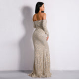 Pick of the Glitter Silver Long Sleeve Bardot Maxi Dress - Fashion Genie Boutique