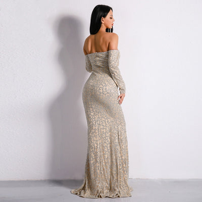 Pick of the Glitter Silver Long Sleeve Bardot Maxi Dress - Fashion Genie Boutique