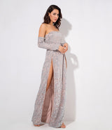 Princess Of Charm Silver Bardot Glitter Double Split Maxi Dress - Fashion Genie Boutique