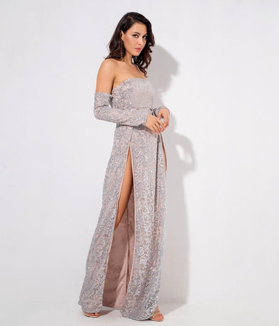 Princess Of Charm Silver Bardot Glitter Double Split Maxi Dress - Fashion Genie Boutique