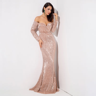 Dressed To Thrill Gold Sequin Bardot Maxi Dress - Fashion Genie Boutique