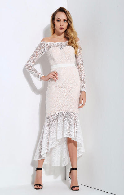 Vibe Seeker White Lace Bardot Midi Dress - Fashion Genie Boutique