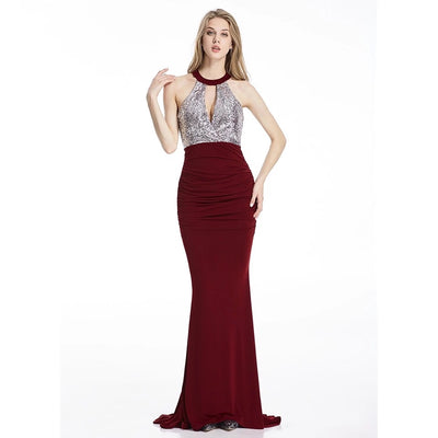 Dear Darling Silver & Burgundy Sequin Maxi Gown Dress - Fashion Genie Boutique