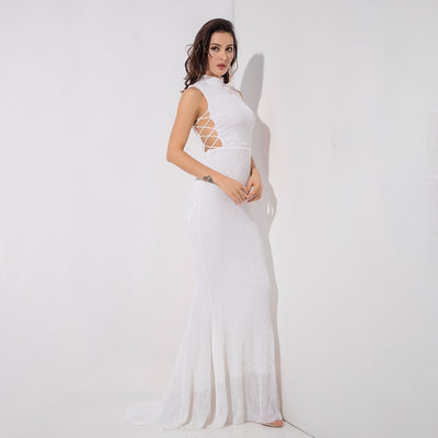 Million Dollar Babe White Sequin Maxi Fishtail Gown Dress - Fashion Genie Boutique