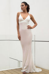Cotton Candy White Iridescent Sequin Fishtail Maxi Dress - Fashion Genie Boutique