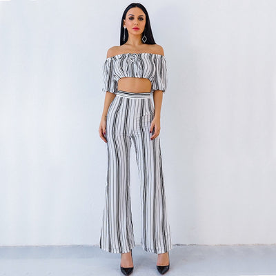 Love Poem Multi Two Piece Trousers & Bardot Crop Top Co-Ord - Fashion Genie Boutique