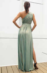 Dream Day Green Lace Asymmetric Satin Maxi Dress - Fashion Genie Boutique
