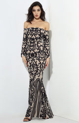 Avella Black & Nude Sequin Bardot Maxi - Fashion Genie Boutique