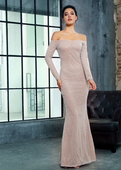 Molly Silver Bardot Glitter Embellished Long Sleeve Maxi Fishtail Dress - Fashion Genie Boutique