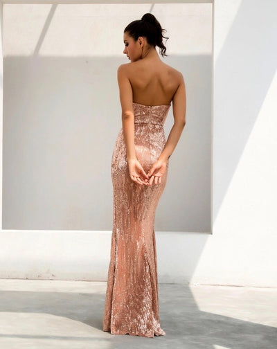 Disco Belle Champagne Sequin Strapless Split Maxi Gown Dress - Fashion Genie Boutique