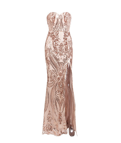 Sweet Vision Rose Gold Strapless Sequin Spilt Maxi Gown Dress - Fashion Genie Boutique