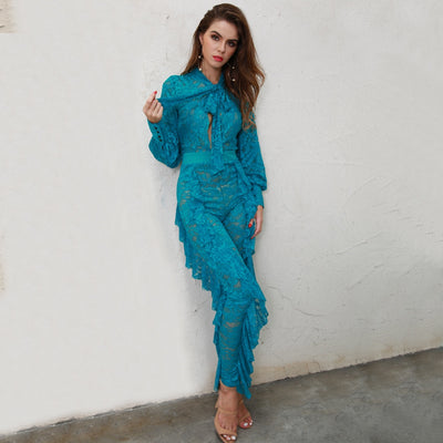 Layered in Lace Blue Lace Ruffle Jumpsuit - Fashion Genie Boutique